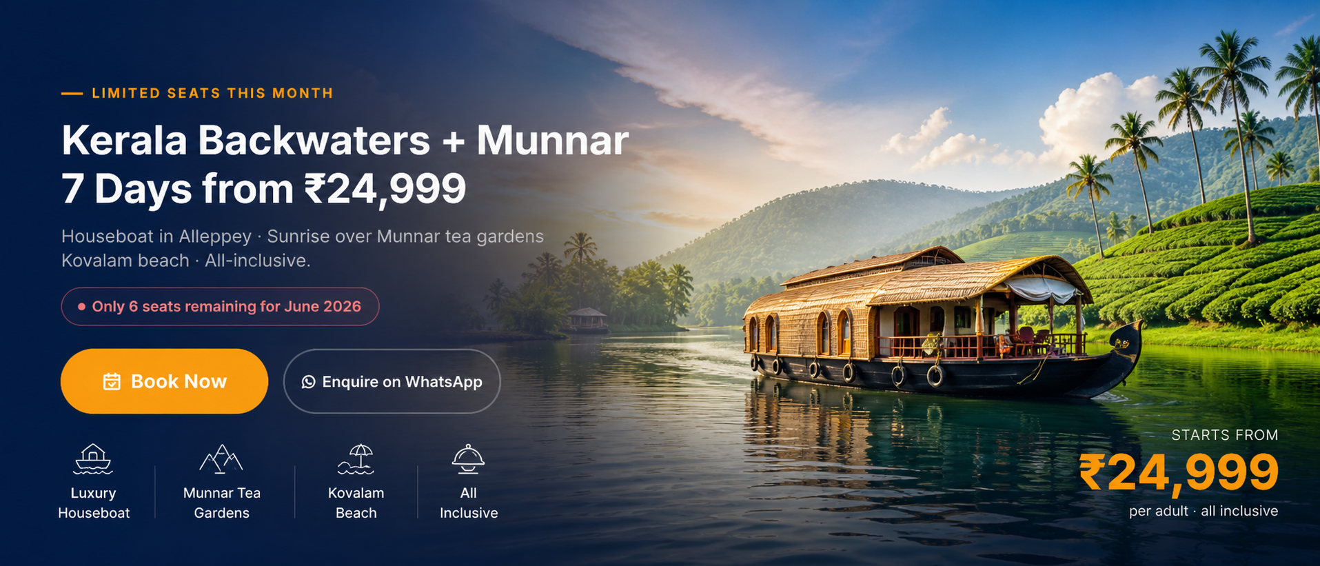 Kerala Backwaters + Munnar — 7 Days from ₹24,999